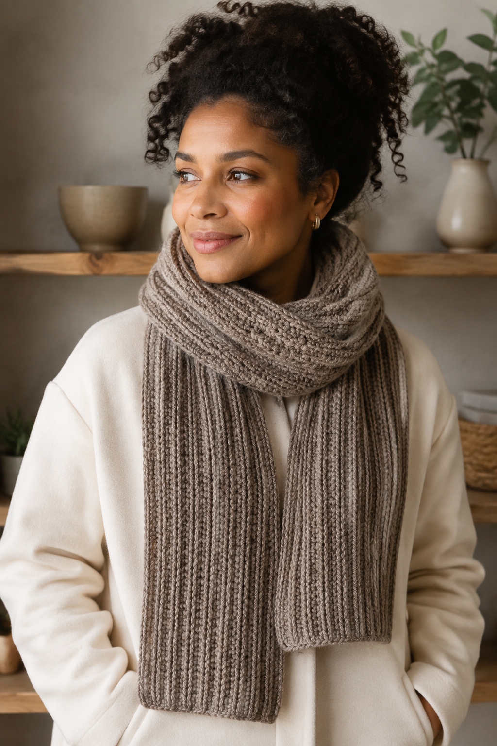 knit look crochet scarf: finished taupe knit-look crochet scarf with deep ribbing