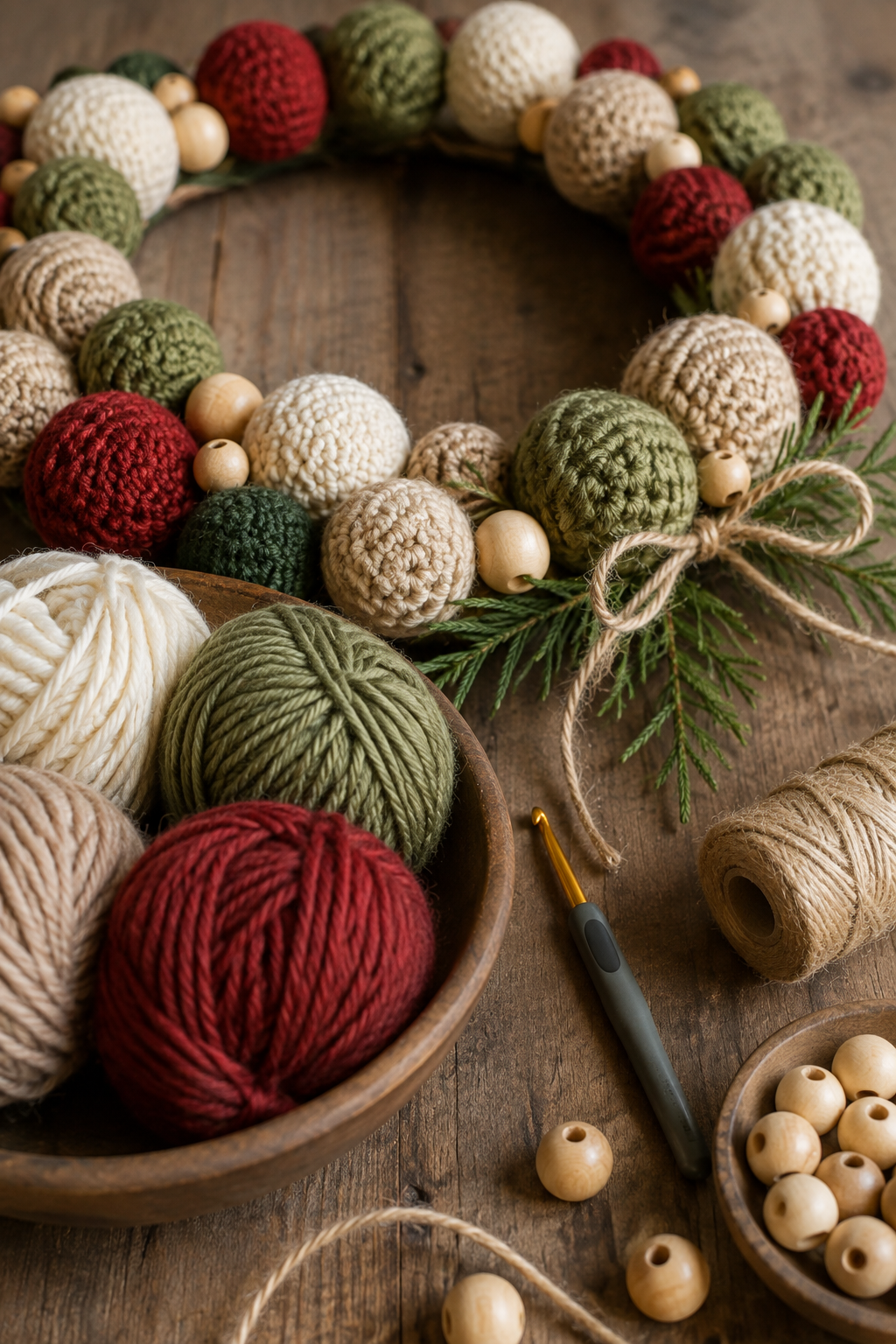 mini crochet Christmas wreath: worsted wool yarn, 4 mm hook, twine and wooden beads arranged for a wreath