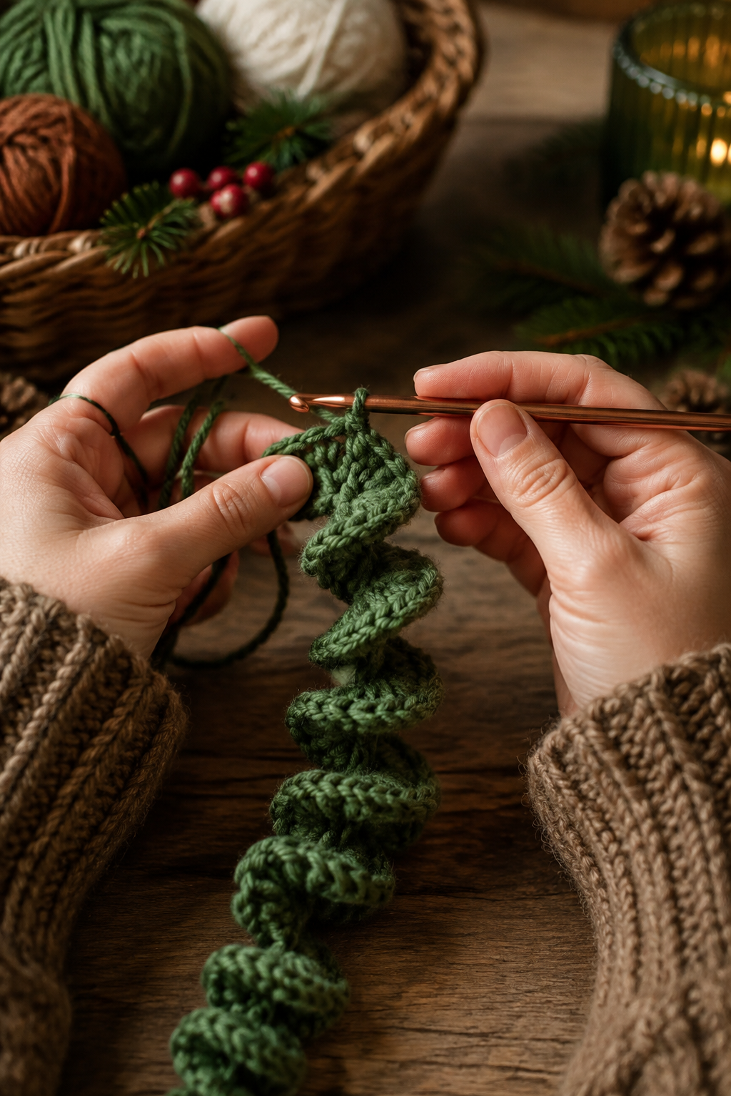 mini crochet Christmas wreath: hands crocheting a long green curly strip