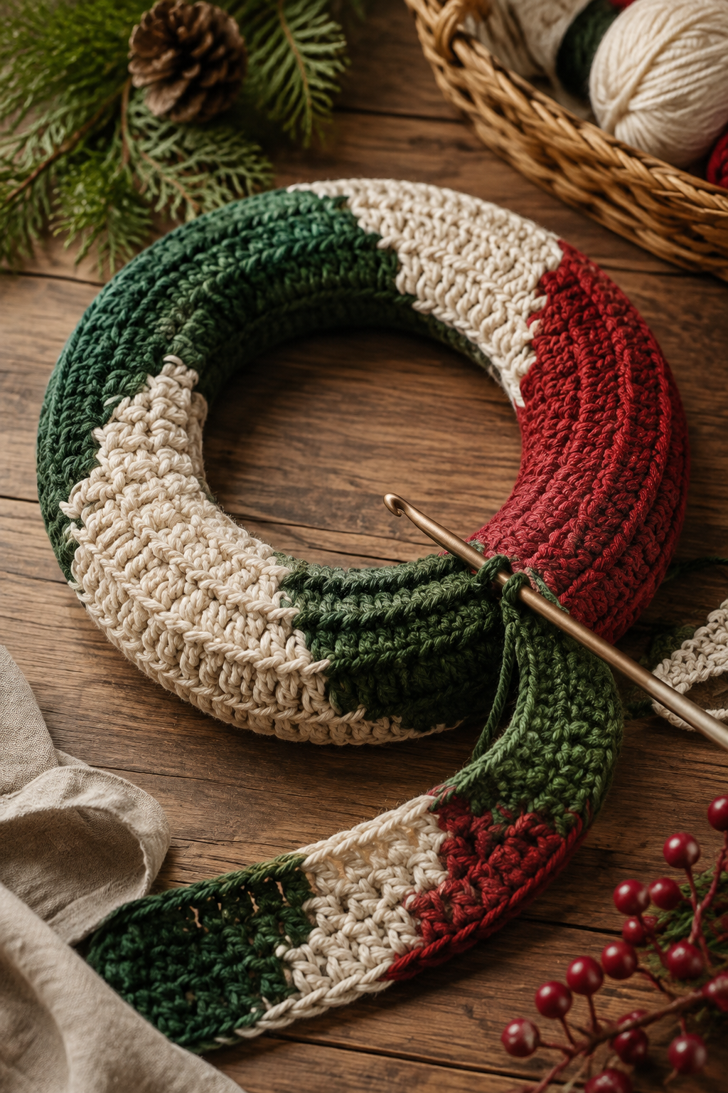 mini crochet Christmas wreath: coiled crochet strip being shaped into a small wreath