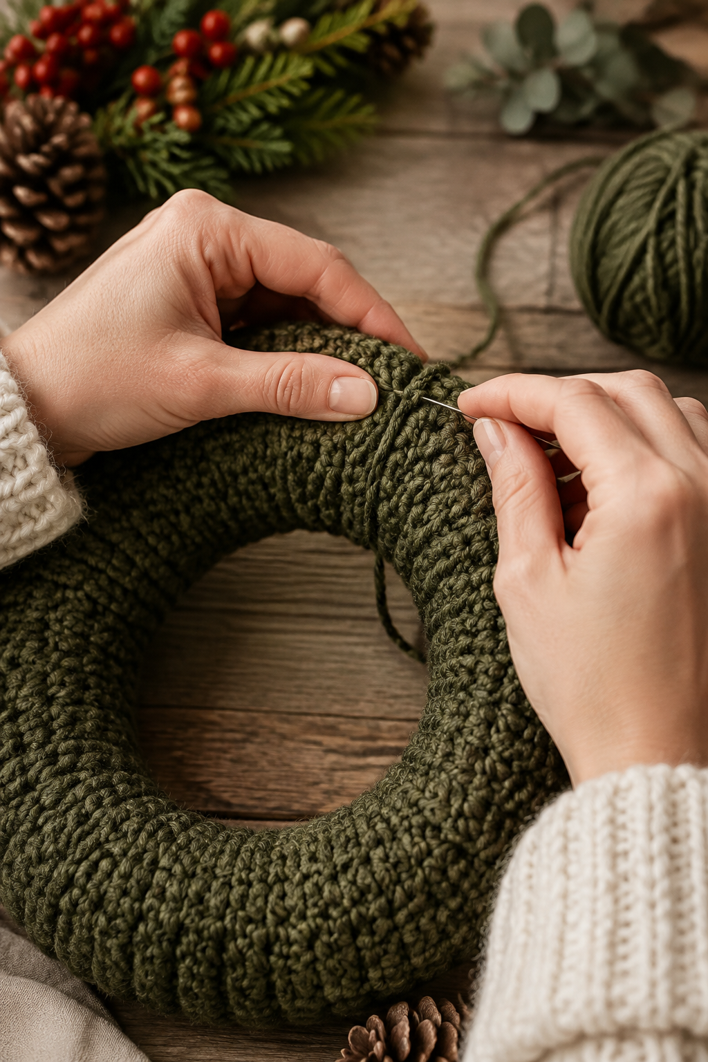 mini crochet Christmas wreath: close-up of the wreath join being secured neatly