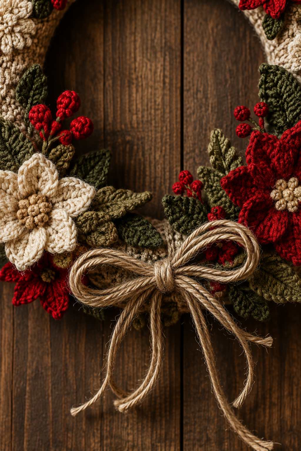 mini crochet Christmas wreath: twine bow tied at the lower edge of a crochet wreath