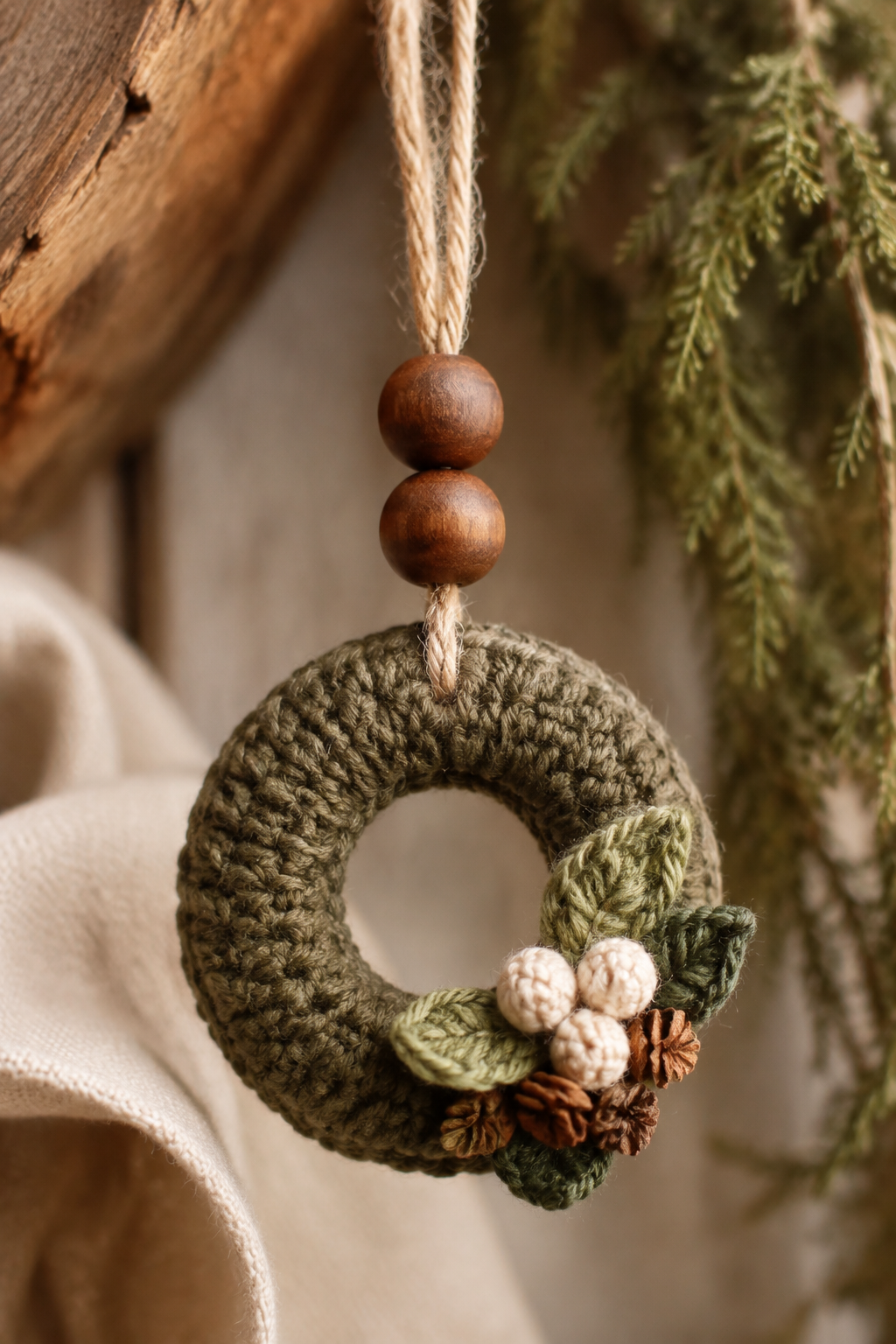 mini crochet Christmas wreath: two wooden beads threaded above a tiny wreath