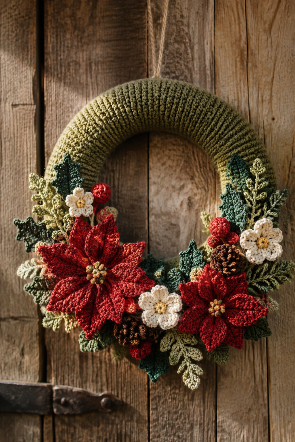 mini crochet Christmas wreath: crochet wreath hanging naturally from a twine loop