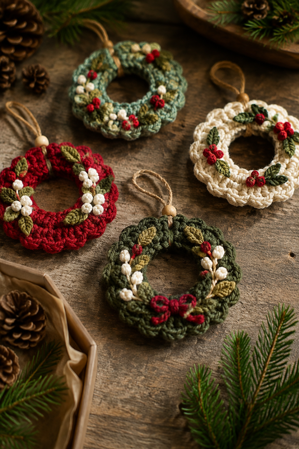 mini crochet Christmas wreath: several mini crochet wreaths styled as tree ornaments