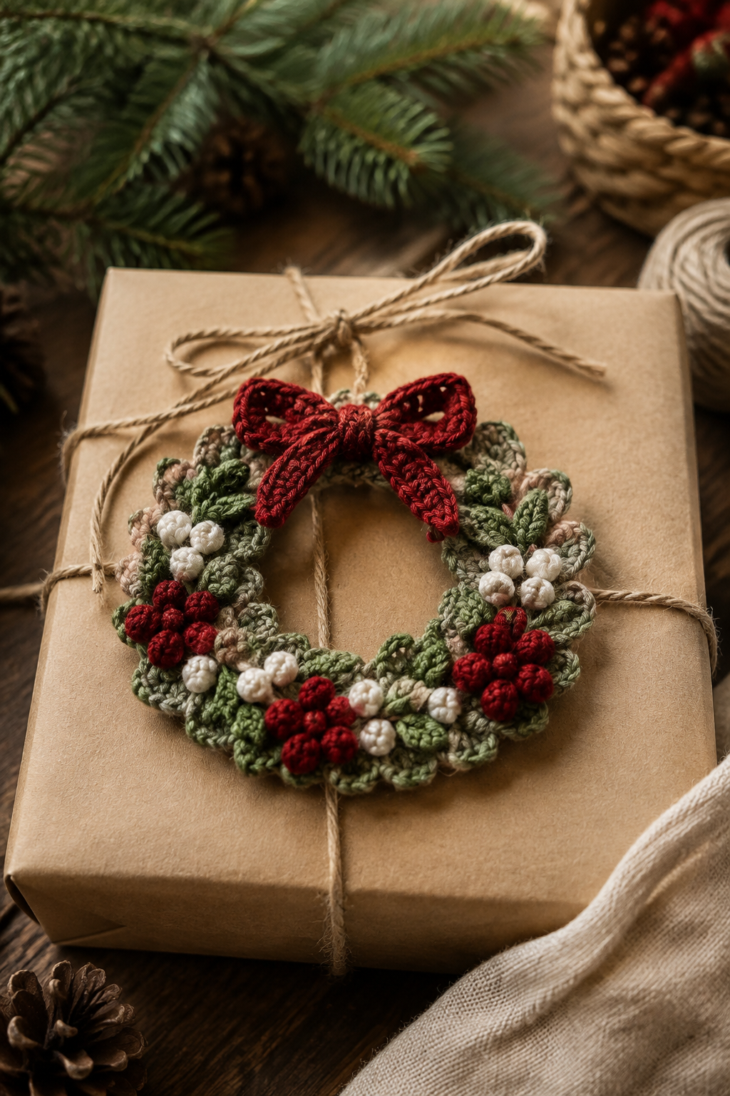 mini crochet Christmas wreath: mini wreath used as a handmade gift topper
