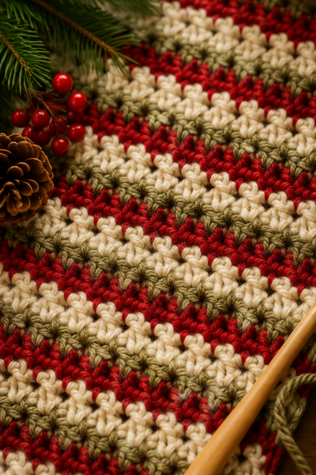 mini crochet Christmas wreath: close-up of even half-double crochet texture
