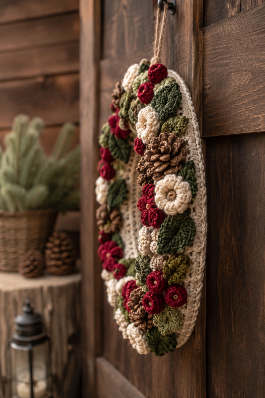 mini crochet Christmas wreath: side view showing the wreath's compact thickness