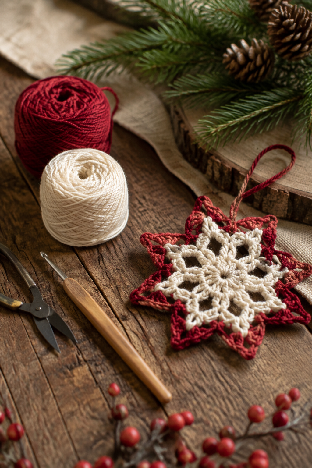 mini crochet Christmas wreath: beginner-friendly materials beside a completed ornament