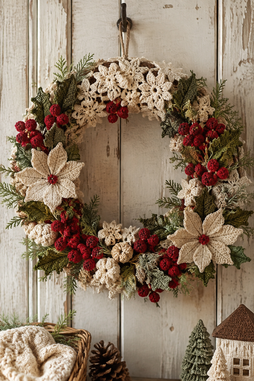 mini crochet Christmas wreath: neutral farmhouse Christmas styling with a crochet wreath