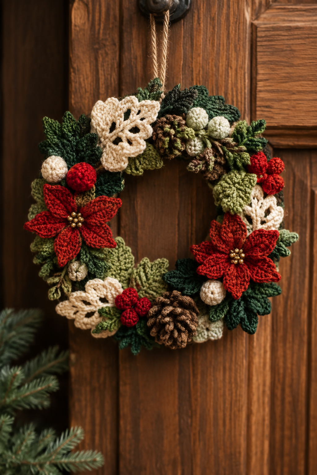 mini crochet Christmas wreath: final polished mini wreath ready to hang