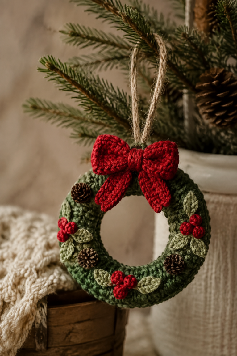 mini crochet Christmas wreath: finished rustic mini crochet Christmas wreath ornament