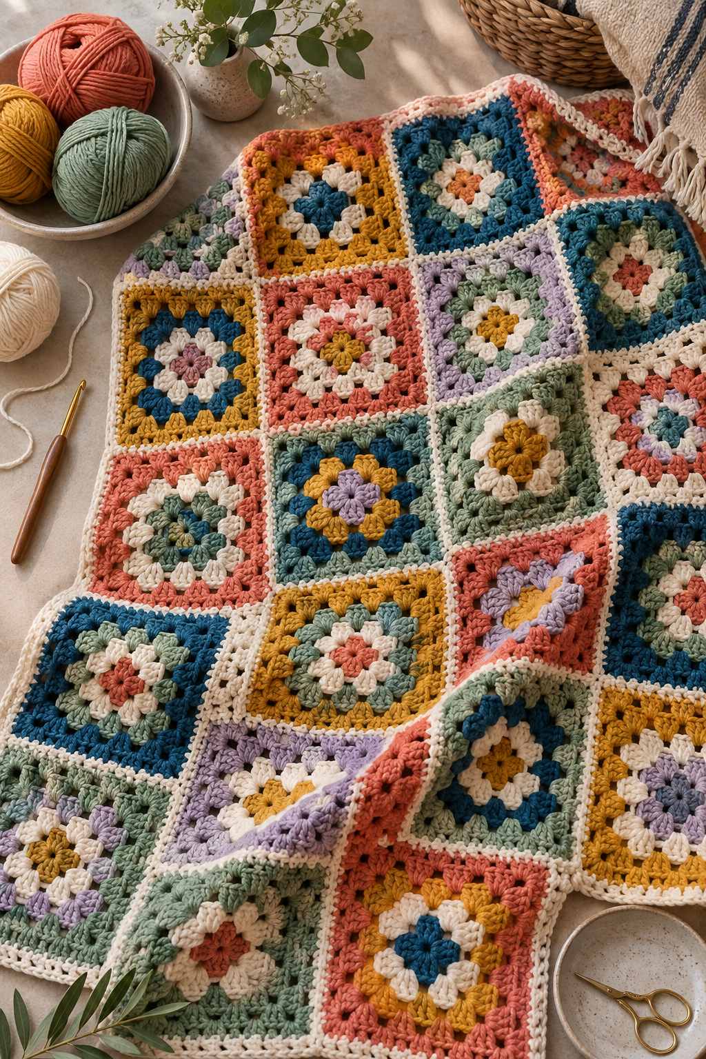 Arranged crochet squares for a modern patchwork throw