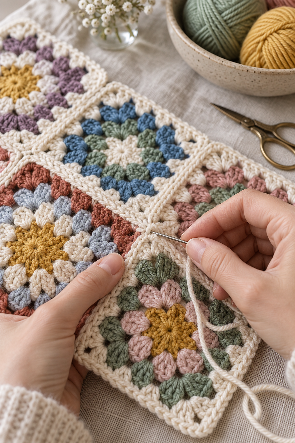 Joining colorful crochet squares
