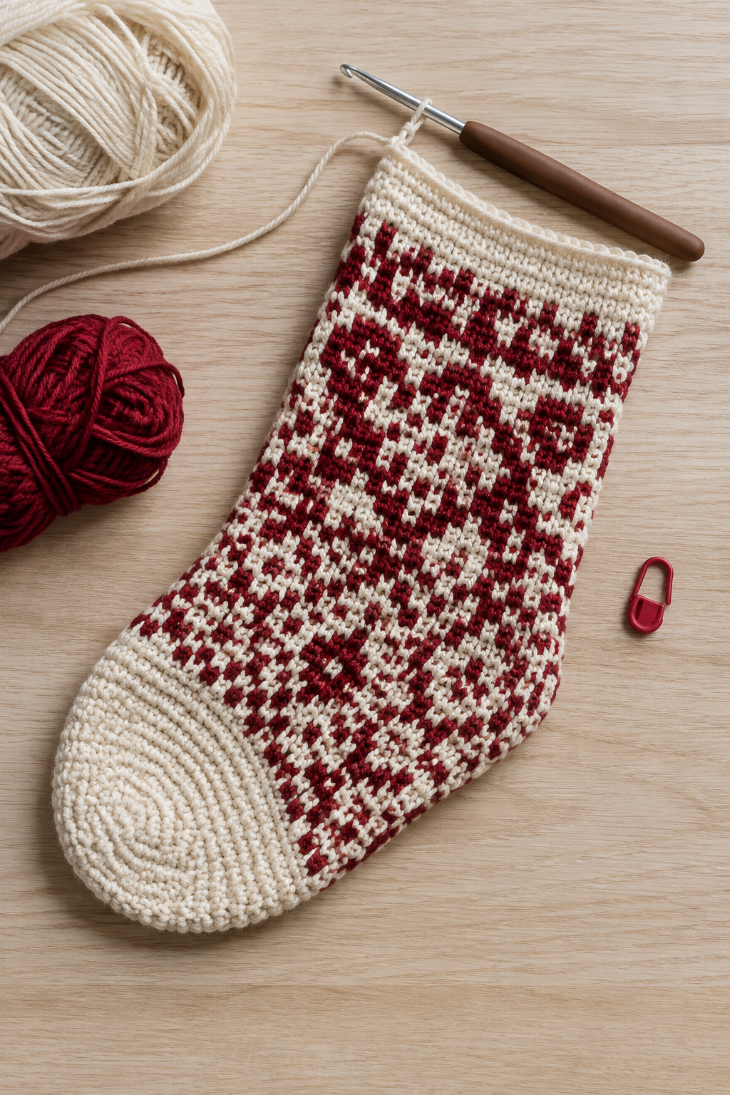 close view of mosaic crochet stocking toe construction