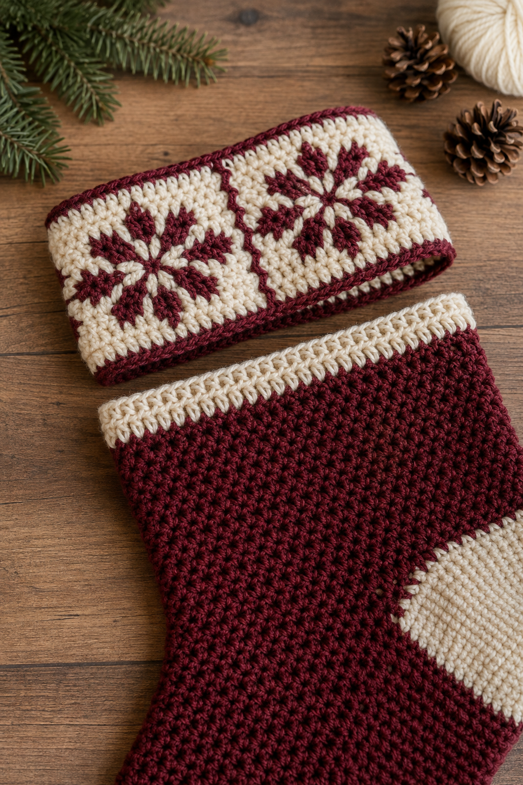 joined crochet cuff aligned with stocking opening