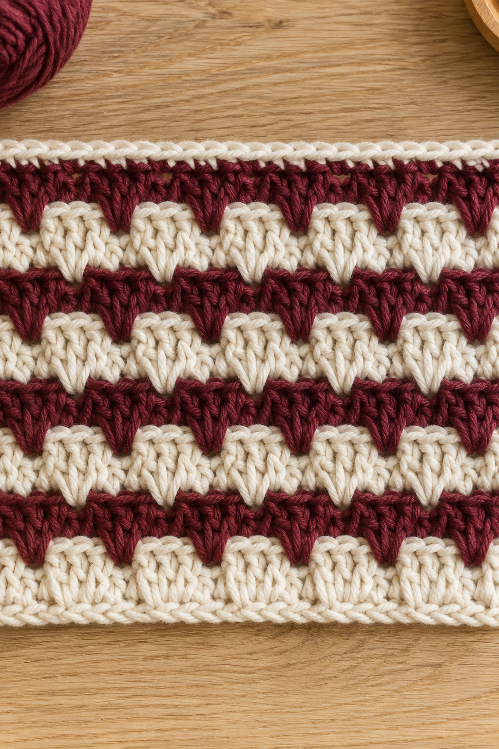 close-up of alternating overlay mosaic crochet rows