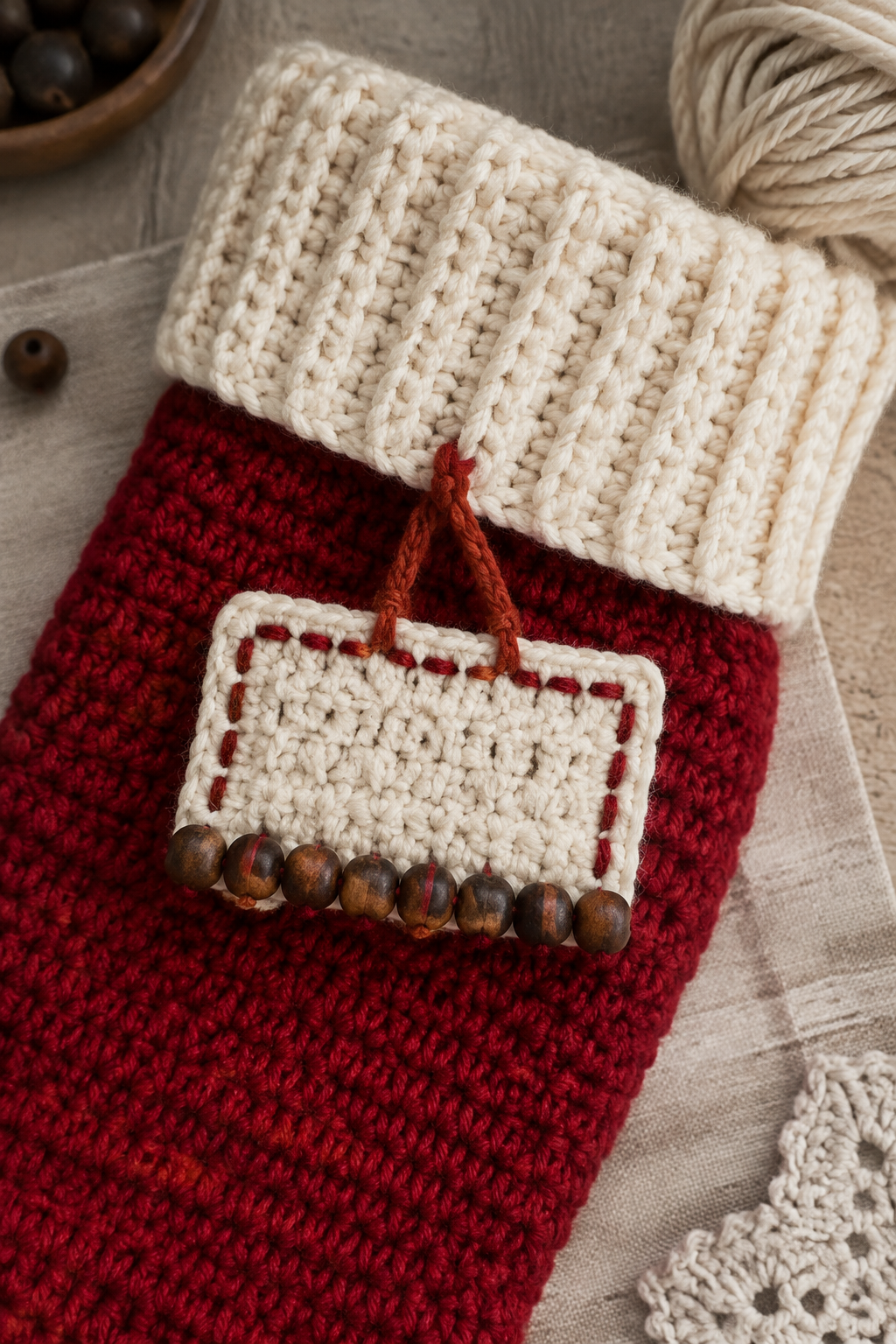 three mosaic crochet stockings in holiday colors