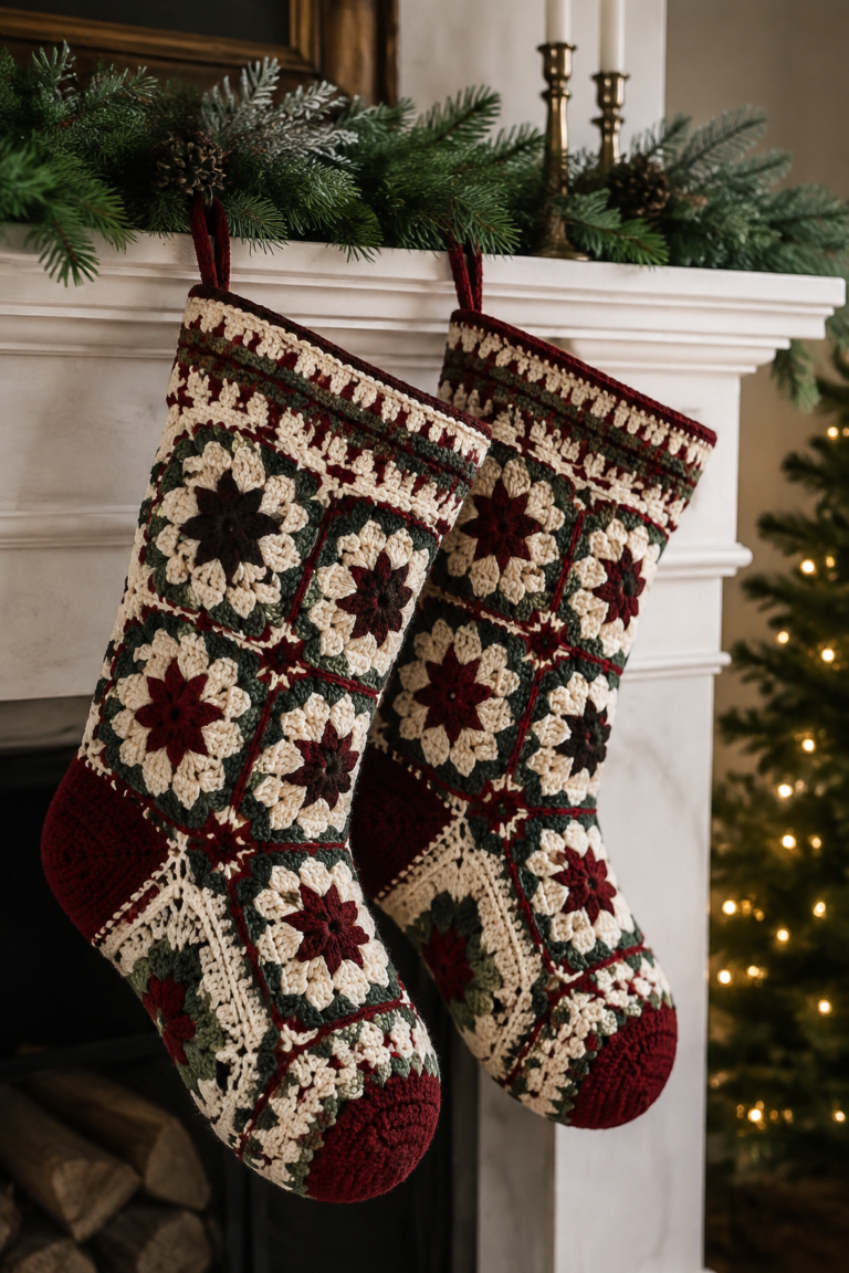 finished green and cream mosaic Christmas crochet stocking