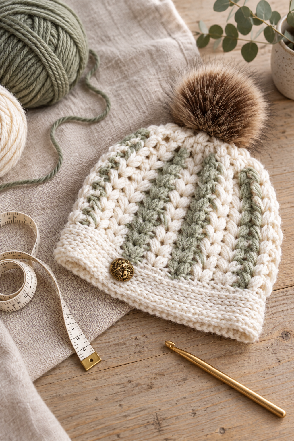 Finished textured puff stitch crochet hat with gauge tools