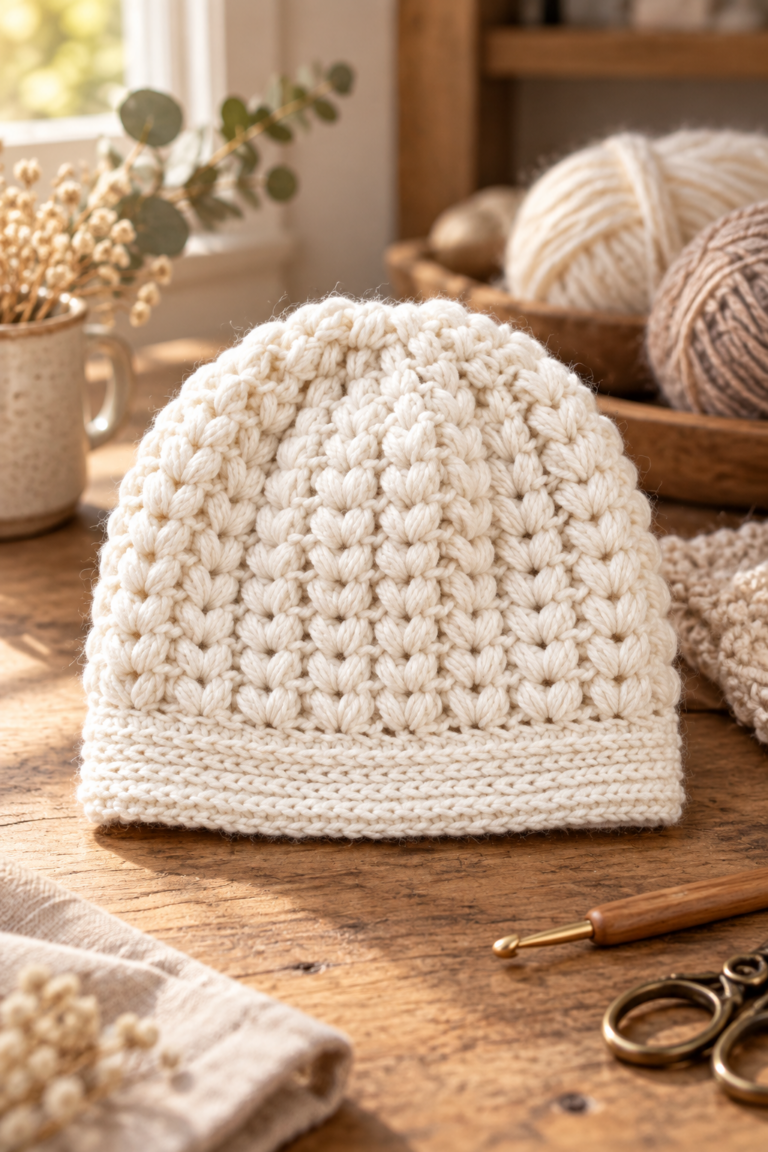 Puff stitch crochet hat with dimensional texture