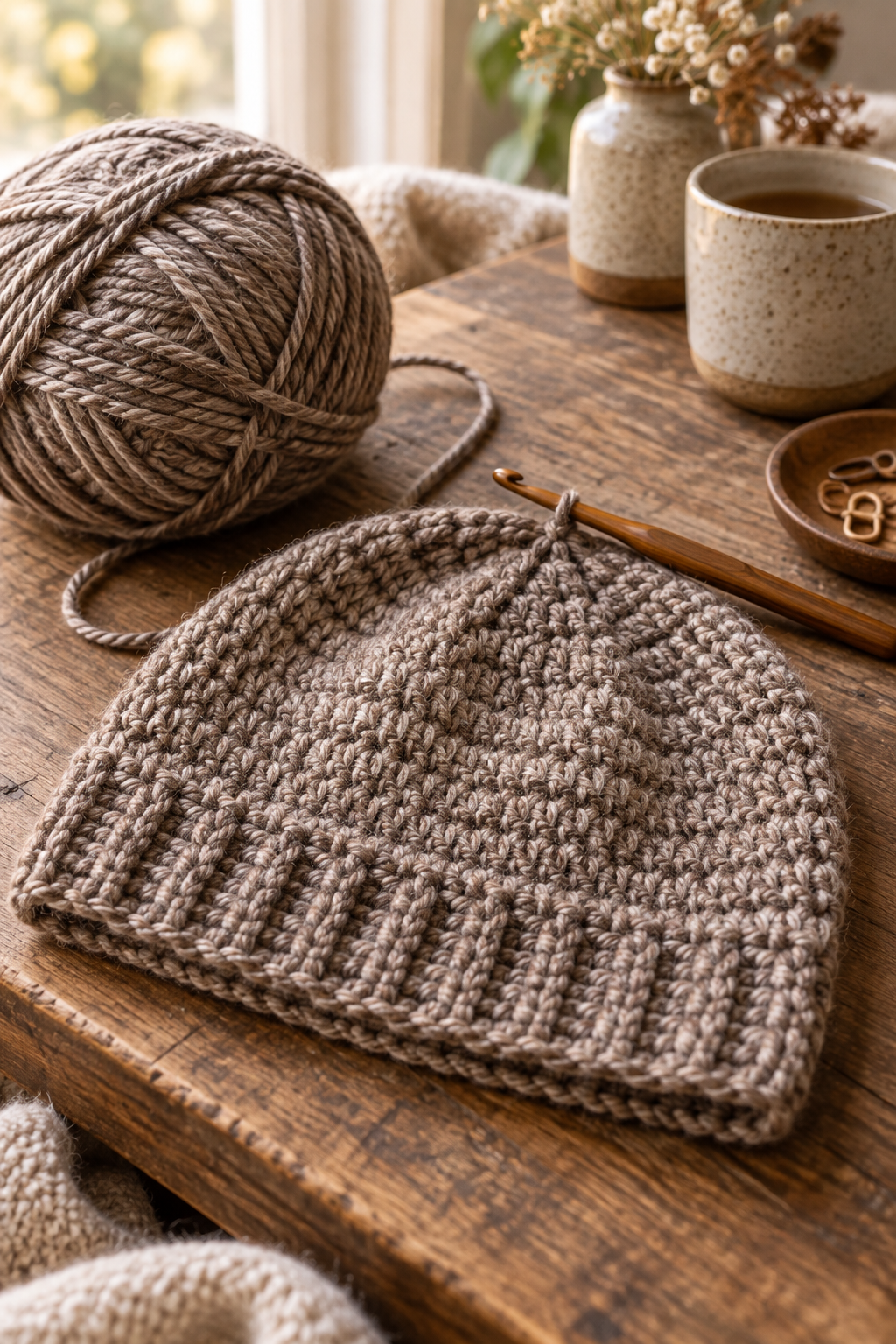 yarn and hook planning for a puff stitch slouch crochet pattern