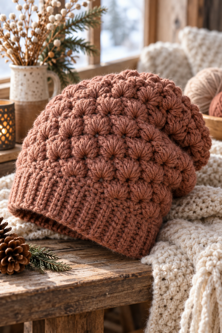 textured puff stitch slouch crochet beanie