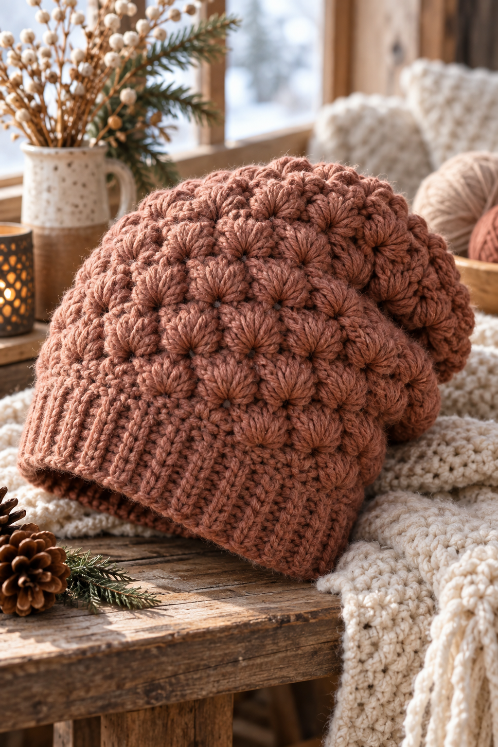 textured puff stitch slouch crochet beanie