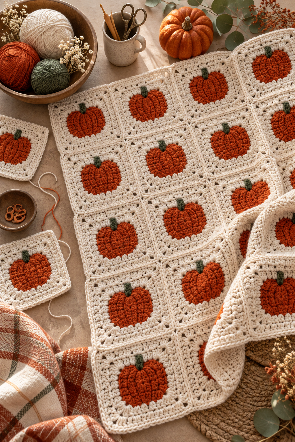 Pumpkin granny-square layout, crochet pumpkin blanket detail