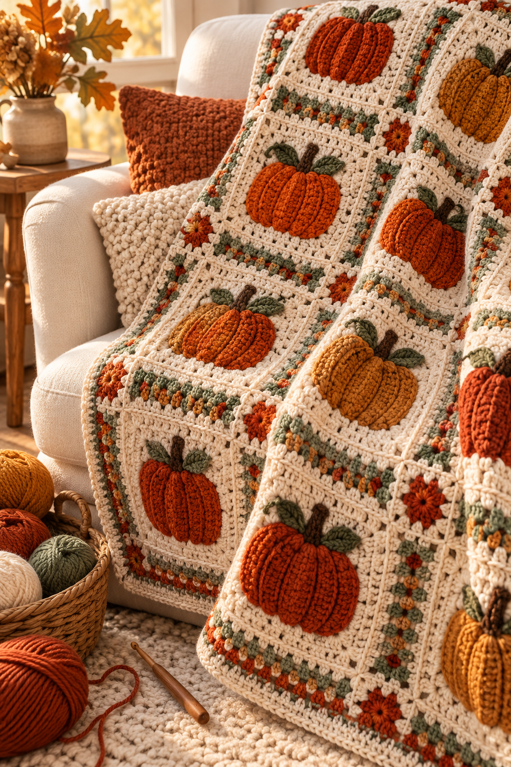 Warm fall color palette, crochet pumpkin blanket detail