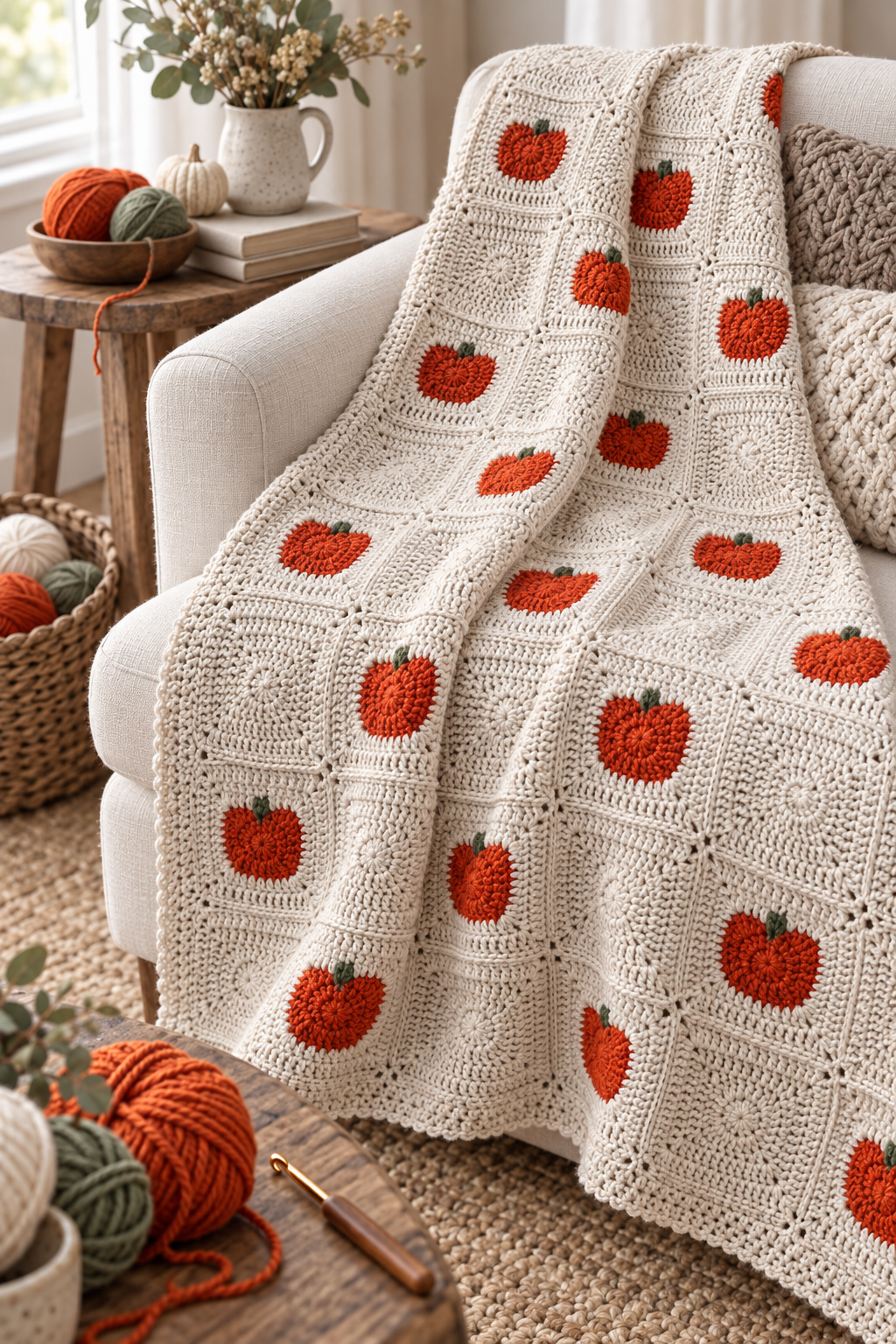 Yarn and texture balance, crochet pumpkin blanket detail