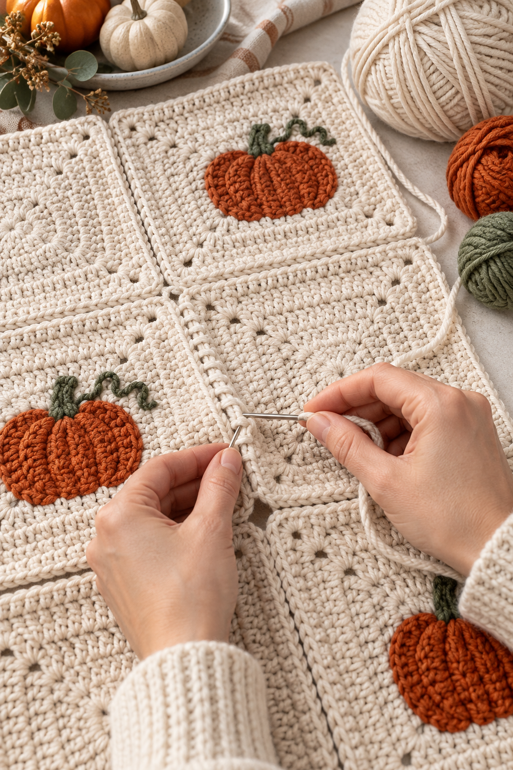 Joining squares cleanly, crochet pumpkin blanket detail