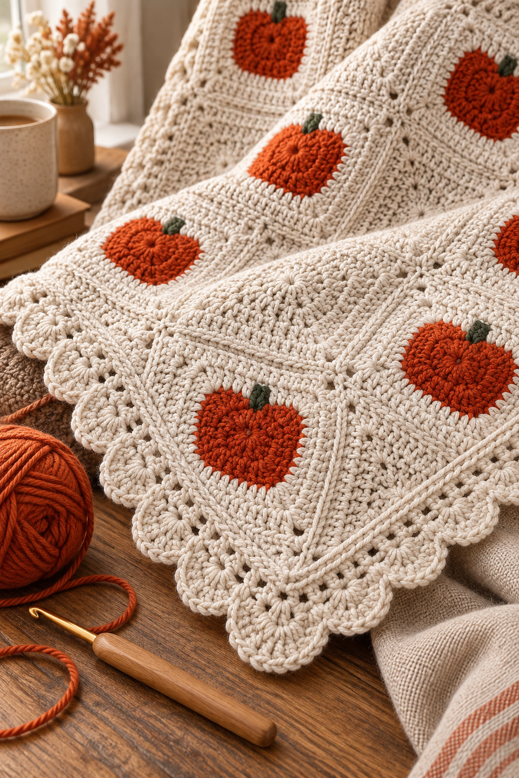 Border and edge finishing, crochet pumpkin blanket detail