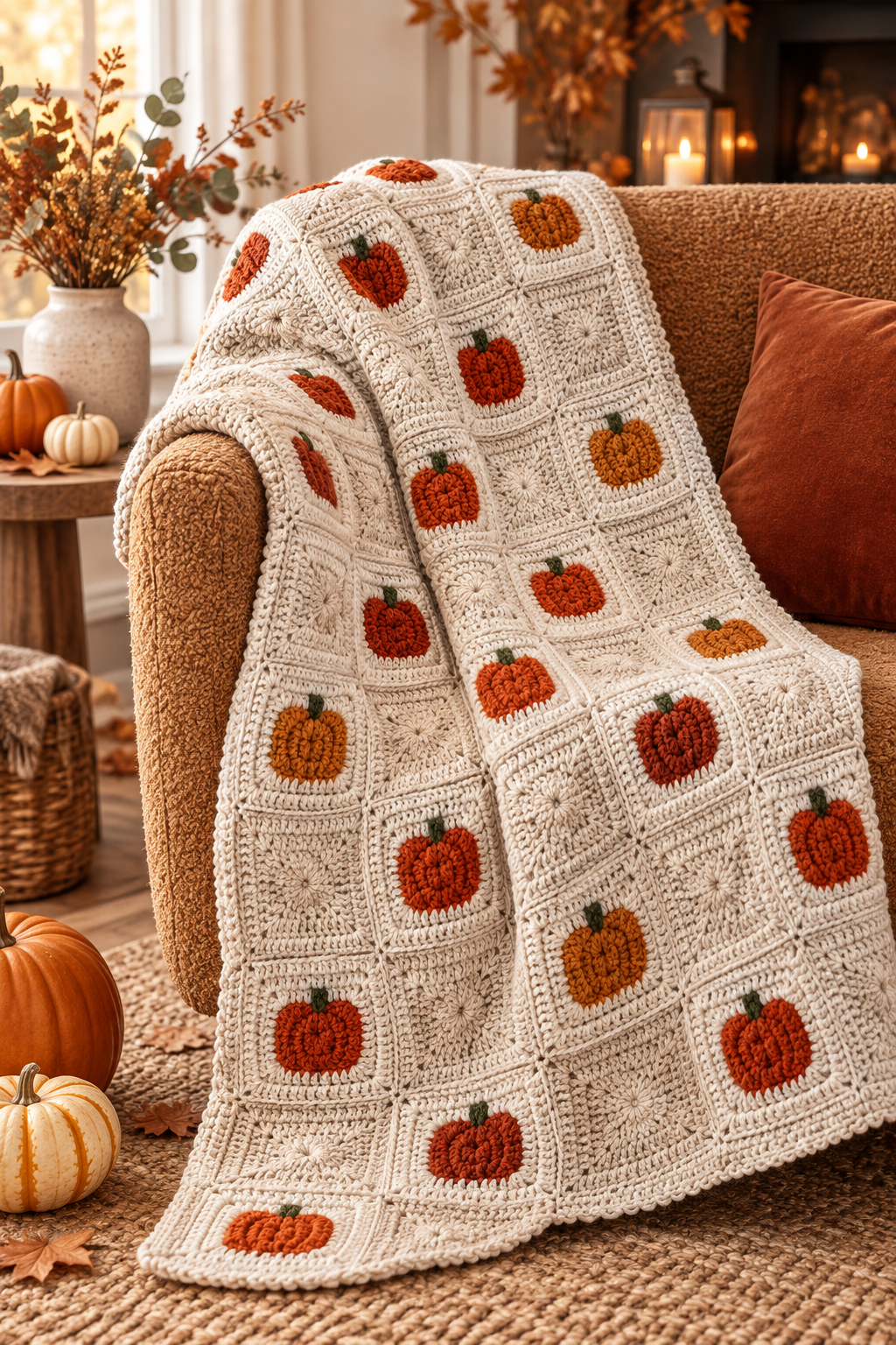 Cozy seasonal styling, crochet pumpkin blanket detail