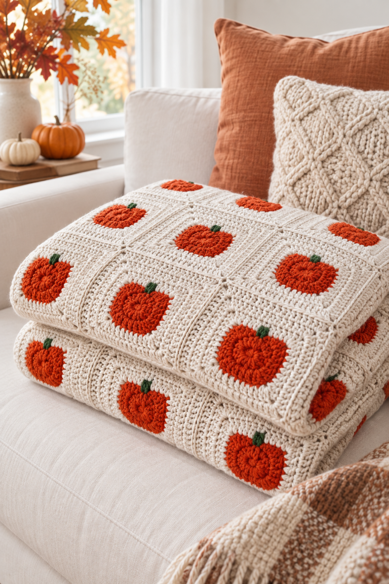 Crochet pumpkin blanket in warm fall colors