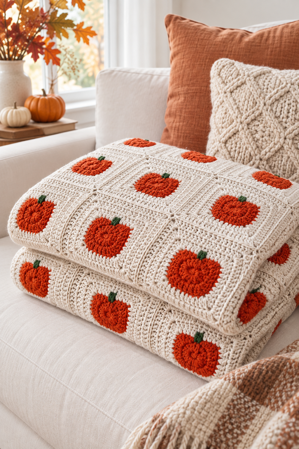 Crochet pumpkin blanket in warm fall colors