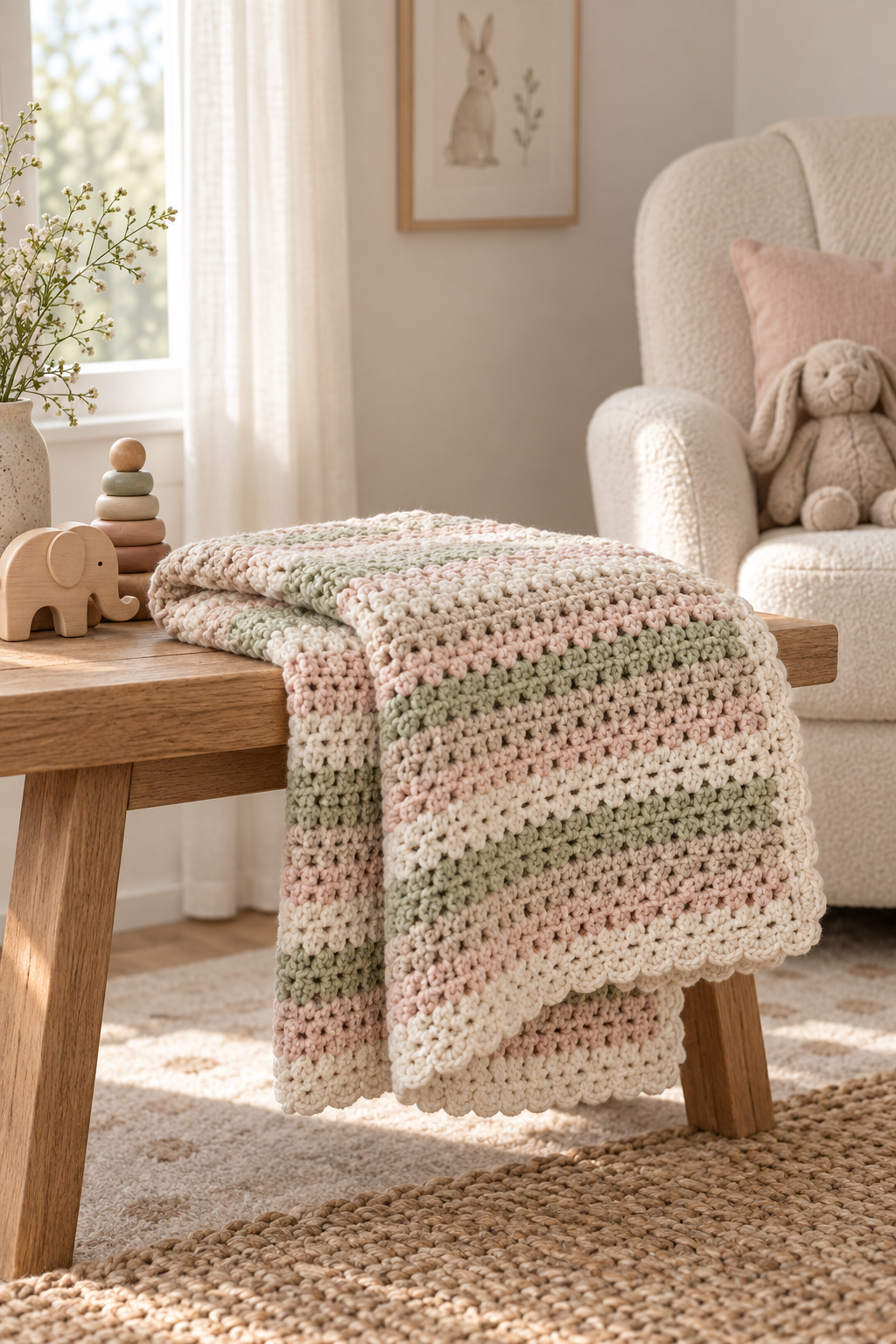 finished simple crochet baby blanket styled for everyday use
