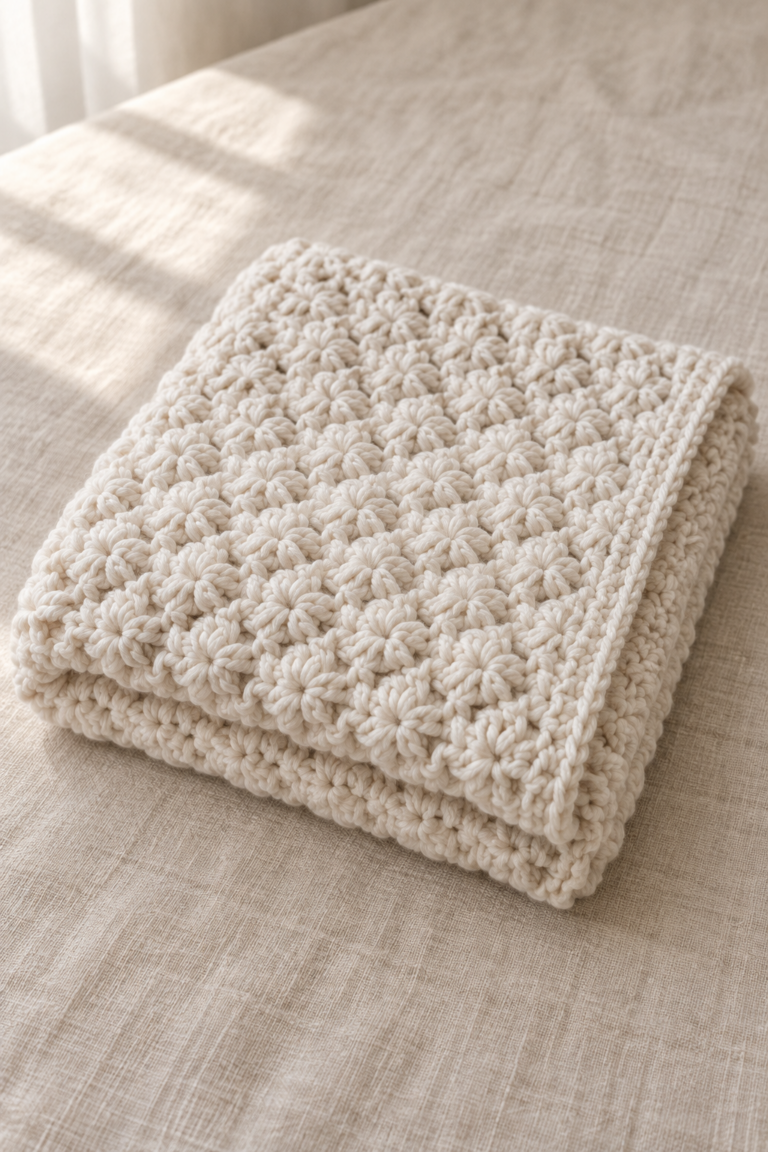 simple crochet baby blanket with soft texture and calm light color