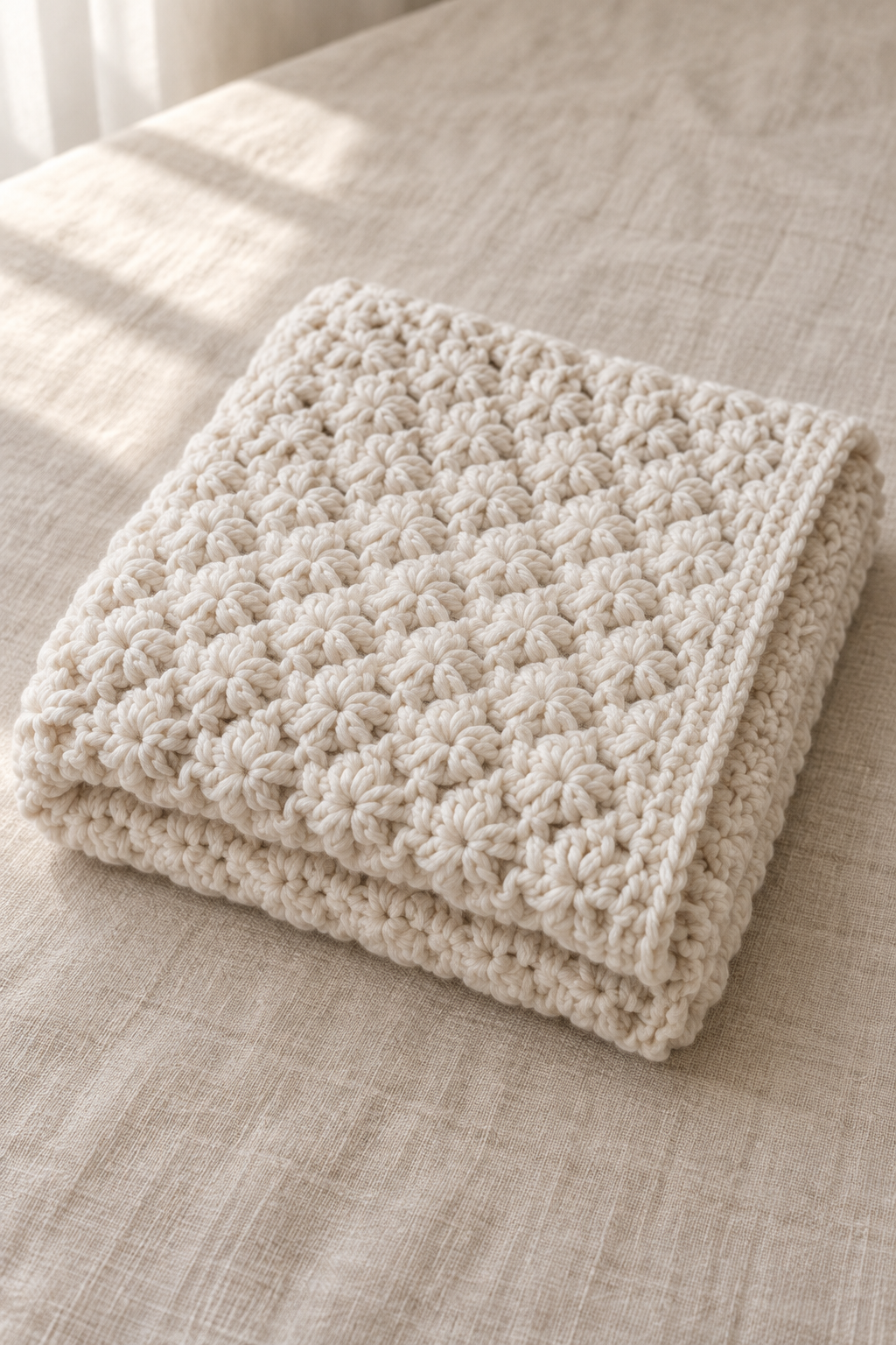 simple crochet baby blanket with soft texture and calm light color
