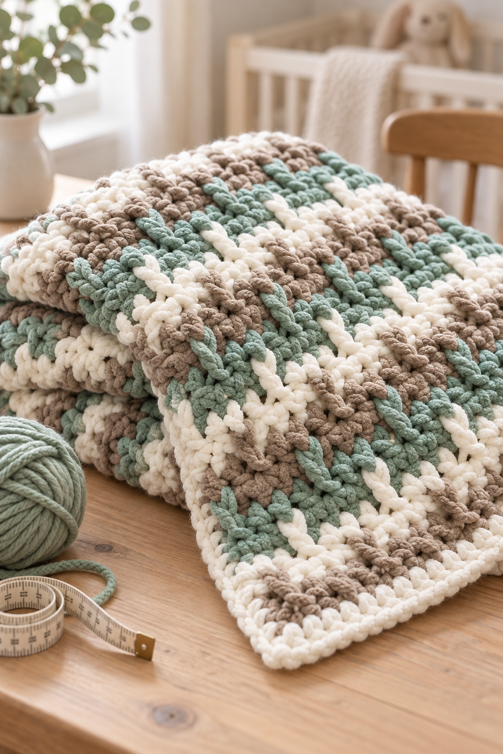 striped crochet blanket planning with yarn and measuring tape