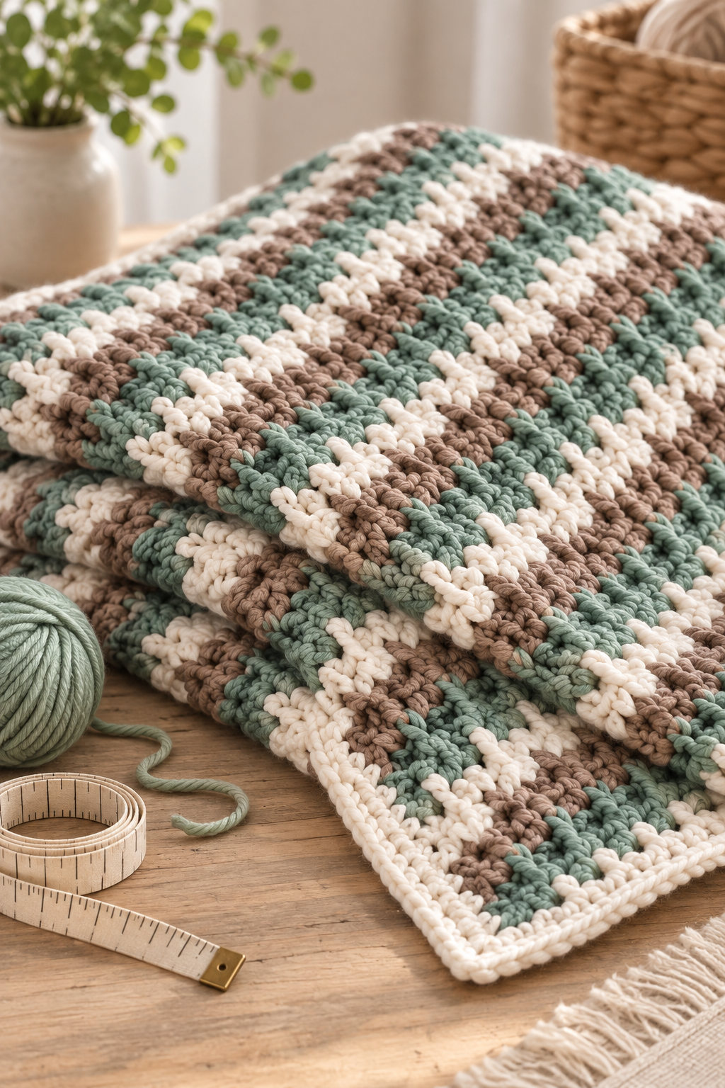 striped crochet throw blanket draped over a chair