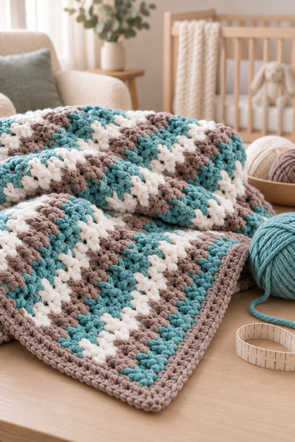 striped crochet baby blanket in a calm nursery setting