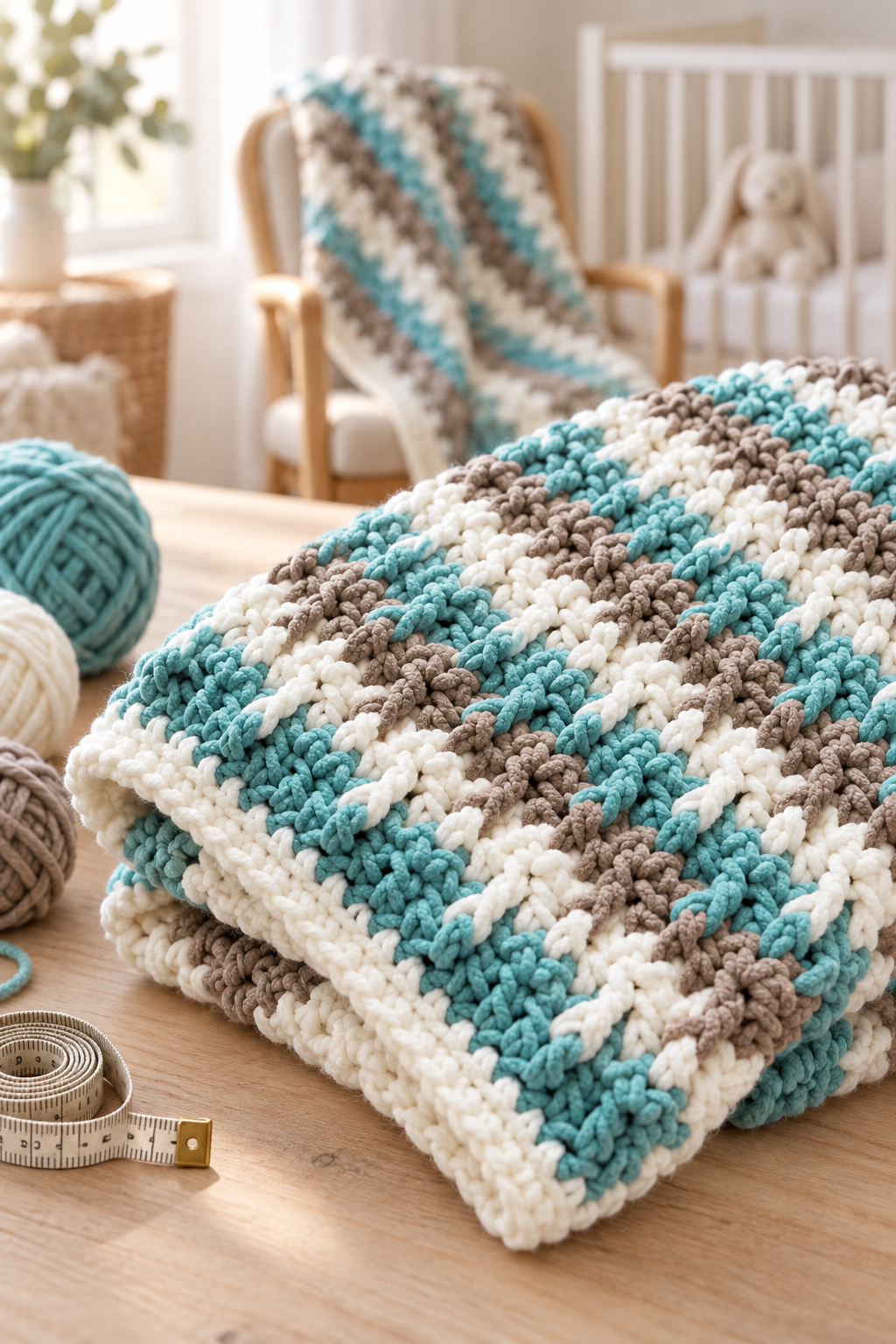 striped crochet blanket folded in a soft textured pile