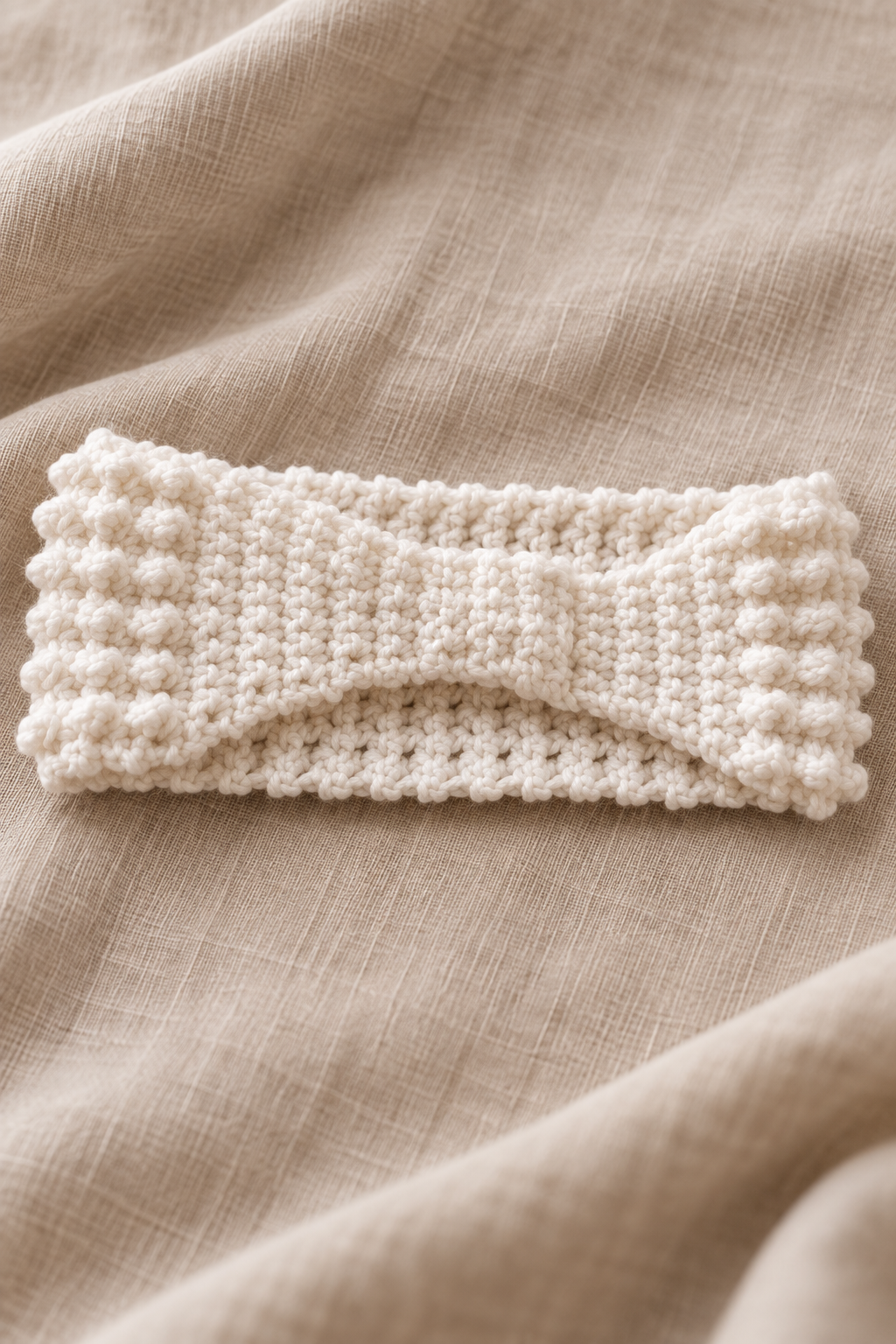 Close view of textured crochet ear warmer stitches