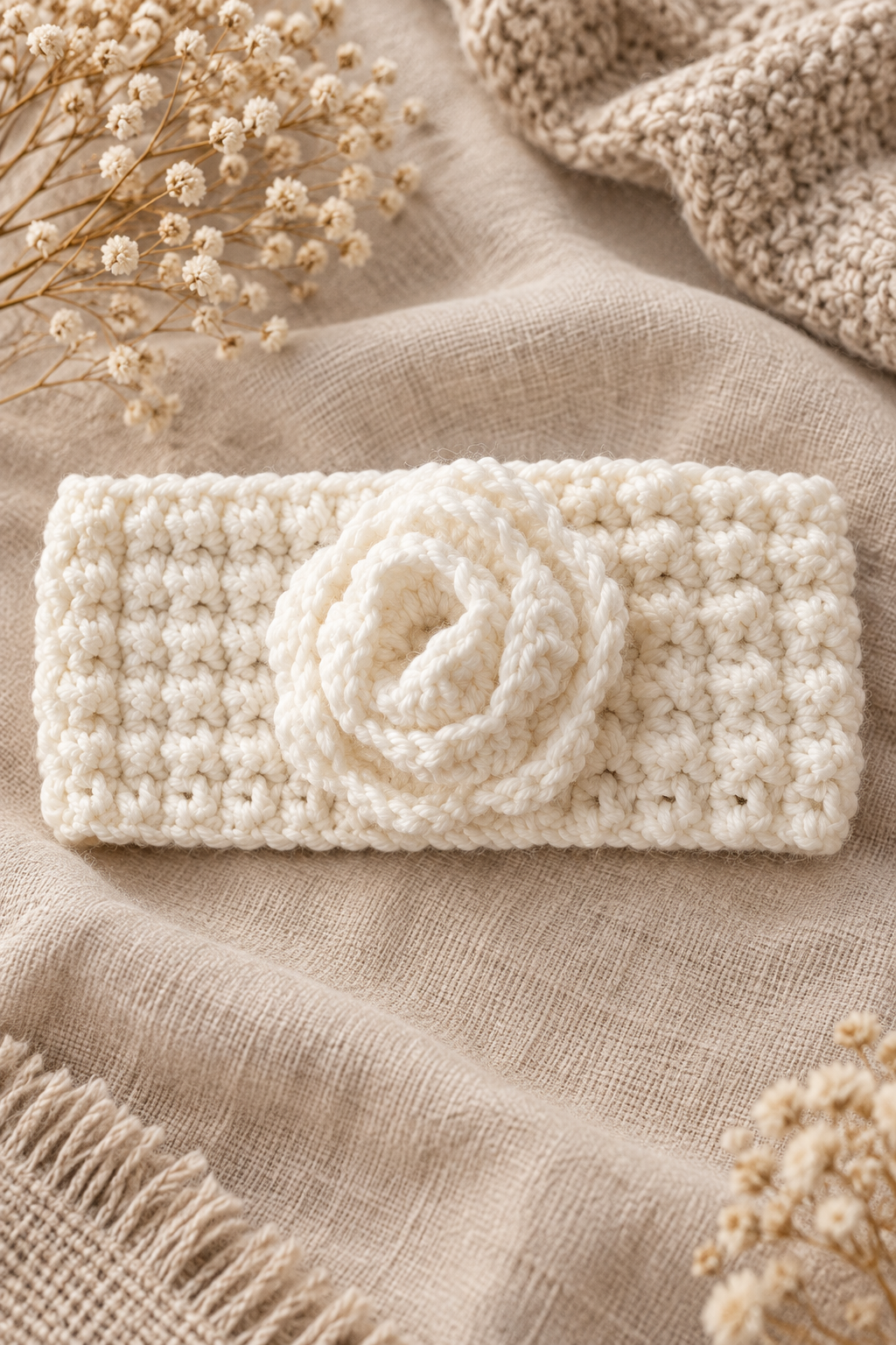 Finished textured crochet headband styled as a wearable accessory