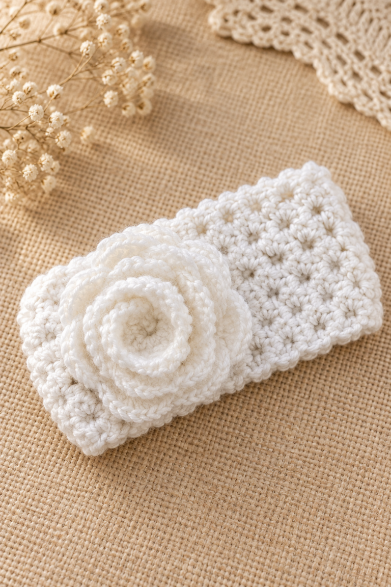 Textured crochet ear warmer in a light neutral yarn