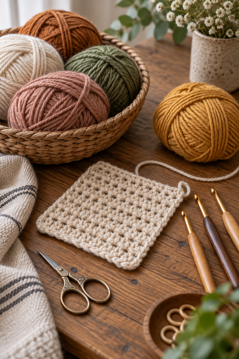 Crochet yarn, hooks, and swatch for practical crochet tips