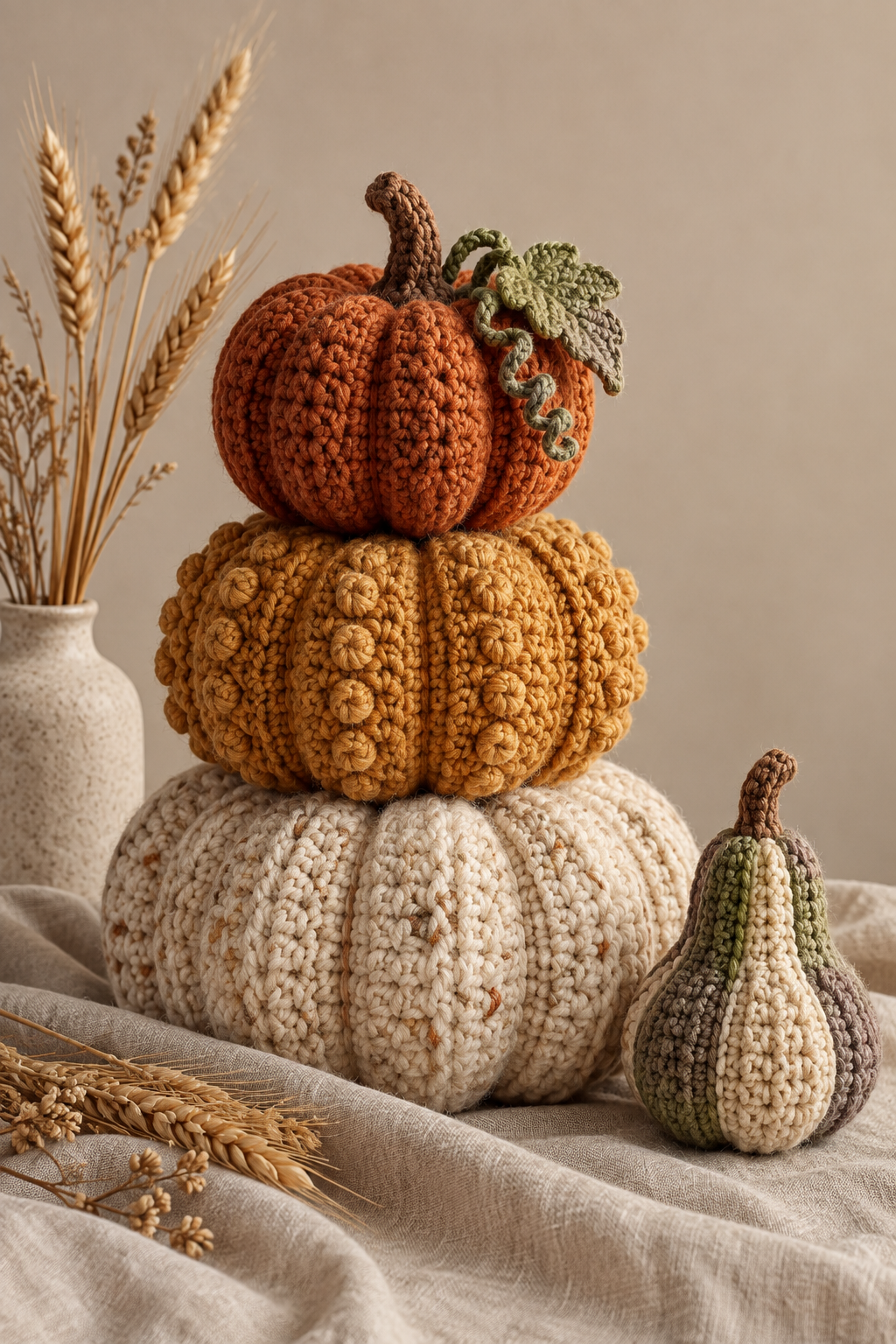 Original crochet design inspired by Country Harvest Pumpkins Stacks