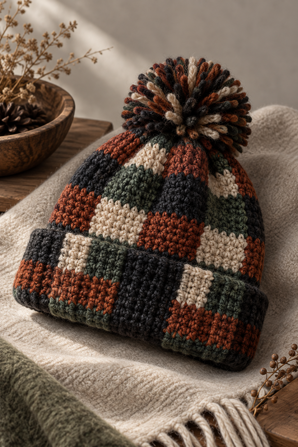 Original crochet design inspired by Thermal Buffalo Plaid Toque