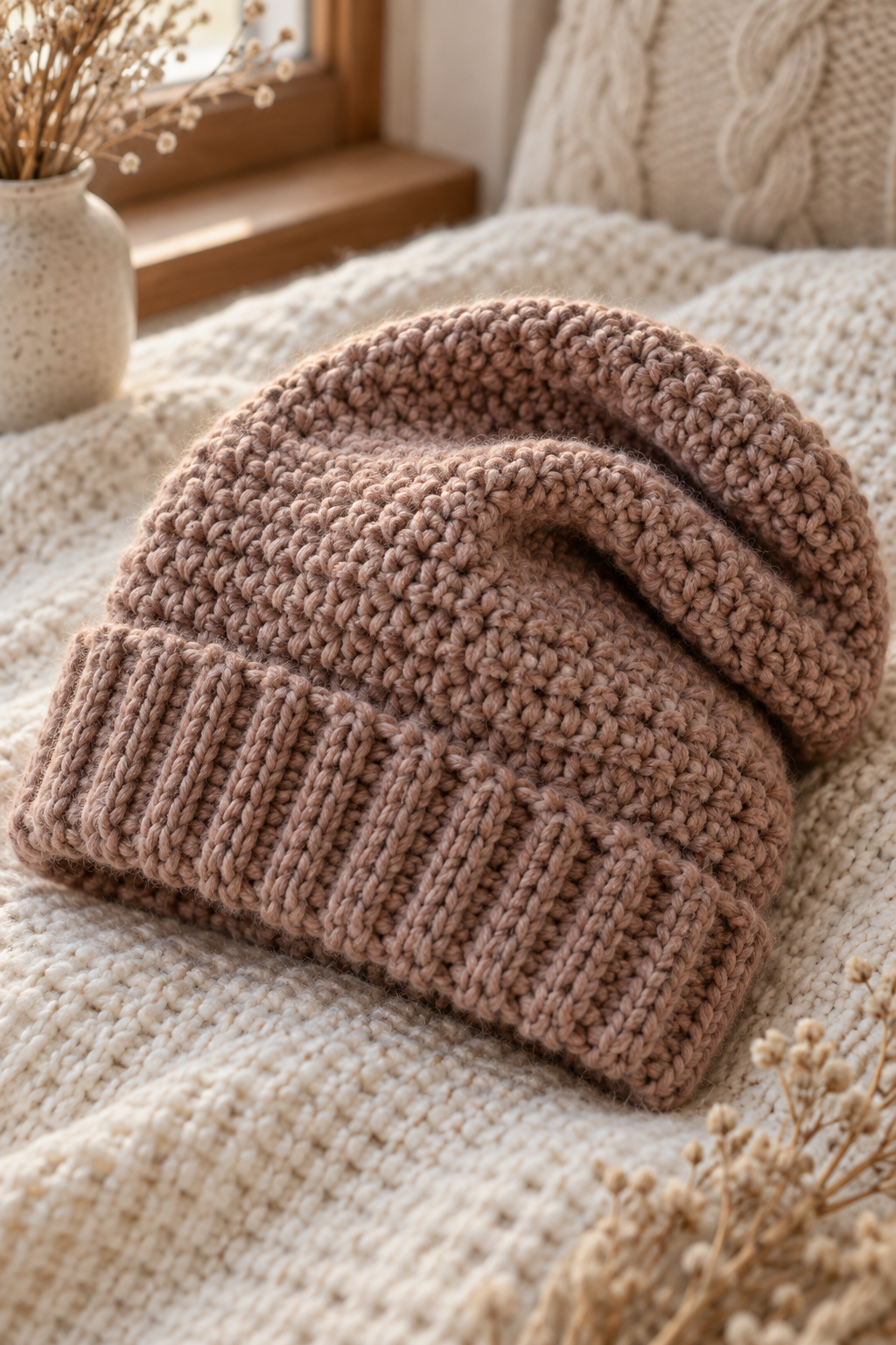 Slouchy hat crochet pattern idea with relaxed winter texture